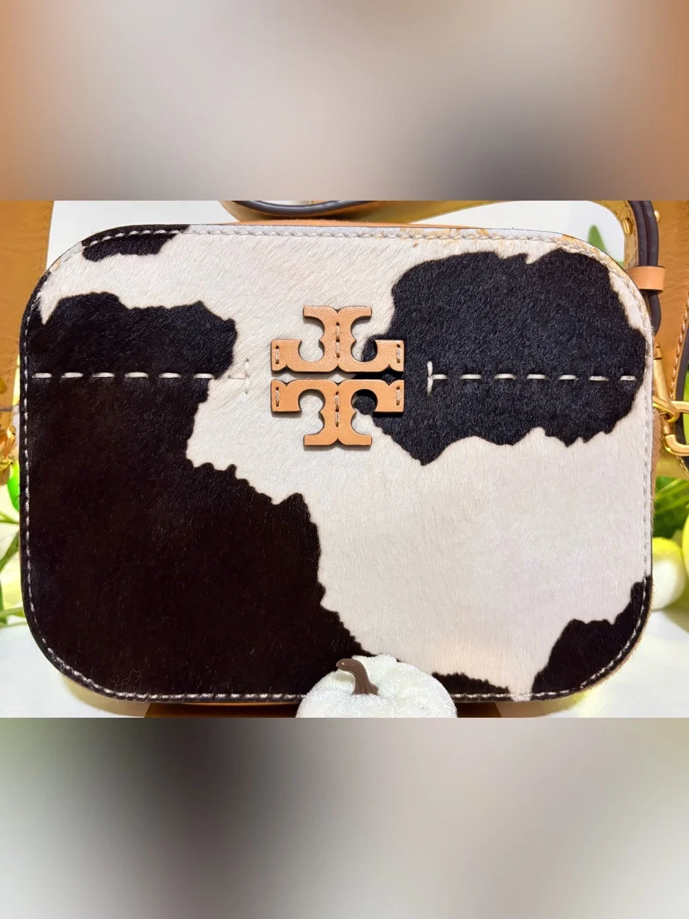 Tory Burch Black, White, & Brown Cowhide Camera Crossbody with Tan Trim